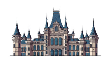 Fototapeta premium The historic Gothic architecture of the medieval Budapest Castle stands as a landmark tower under the night sky, reflecting the rich European travel history of this old city palace building