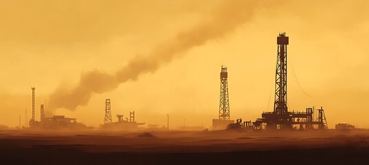 Obraz premium industrial oil drilling rig at sunset with smoke plumes against golden sky