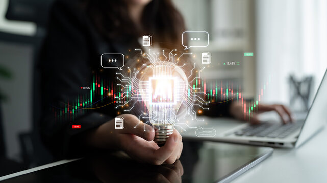 Futuristic financial technology concept features automated robot trader, quantitative analytics, and real-time stock market graph. Represents high frequency trading HFT and wealth management. Corpus
