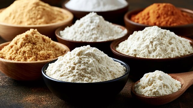 Various types of culinary flour and powdered ingredients presenting diverse colors and textures, ready for baking, cooking, or preparing healthy recipes