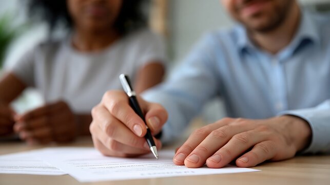 Community mediator and legal navigator collaborating on paperwork at service desk