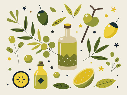 Set of organic olive oil bottles with fresh olives and green leaves in flat vector style
