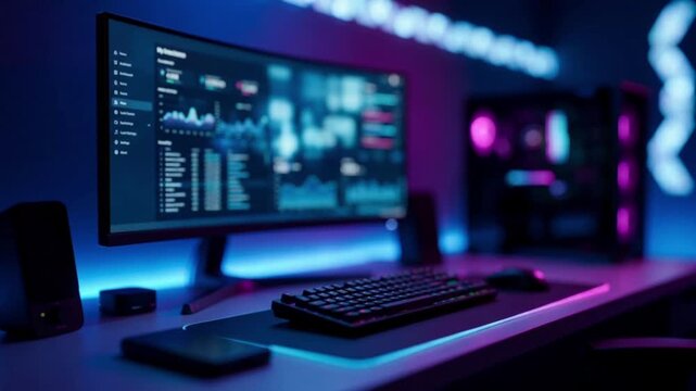 Modern PC Workstation with Neon RGB Lighting and Financial Trading Data on Screen for Technology Background 4K UHD Seamless Loop