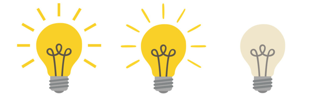 Light bulb cartoon idea and no idea drawing clipart with yellow lighting smart thinking symbol flat vector on transparent background