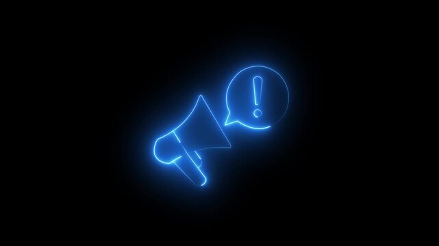 bright blue neon Loudspeaker and speech bubble with exclamation mark. Important announcement, warning. glowing neon linear icon isolated .4k motion video .
