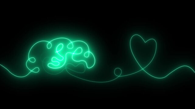 Glowing red neon Brain with heart inside. One line drawing. symbolizing balance of mind and feelings, psychology, emotional intelligence, love, mental health, connection of logic and emotion.4k motion