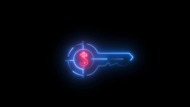 The key to a financial goal. glowing neon Set of financial key icons isolated on black background. full credit dollar neon dollar symbol.neon key icon.4k video animation.