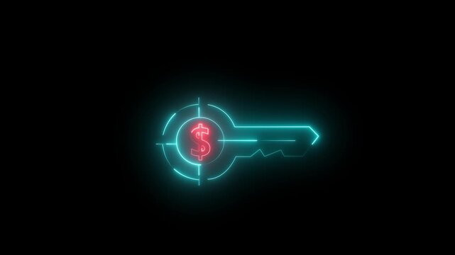 The key to a financial goal. glowing neon Set of financial key icons isolated on black background. full credit dollar neon dollar symbol.neon key icon.4k video animation.