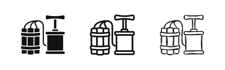 Dynamite and Detonator Plunger Icons, Explosive TNT Danger Symbols © drawing lines