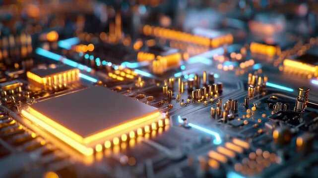 Abstract cyber technology chipset motherboard animation shows the complex layout of circuits and pathways with glowing elements and intricate designs in a colorful display