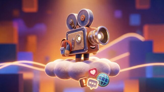 Cute Vintage Camera Character on Cloud with Social Media Icons