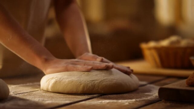 Slow motion static closeup of hands kneading dough on wooden kitchen table with rustic baking tools in background