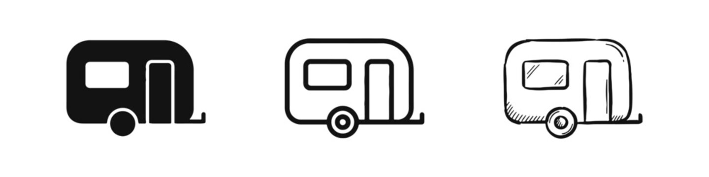Camping Trailer or Caravan Icon Set for Travel and Road Trip