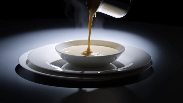 Slow motion close up of creamy soup being poured from metal jug into ceramic bowl on stacked plates on reflective tabletop in studio lighting
