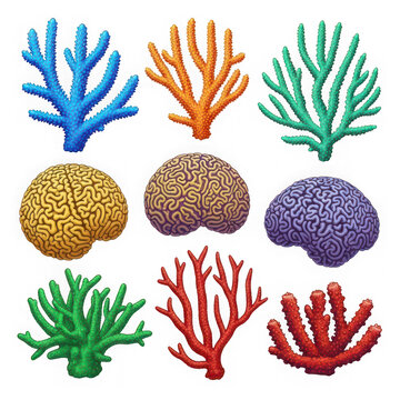 A colorful array of coral reefs in different shapes and hues isolated on transparent background, PNG