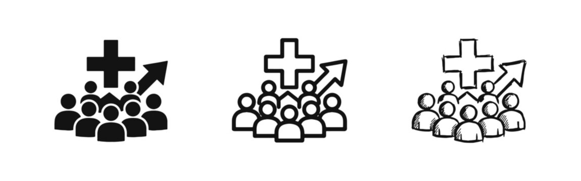 Community Growth and Healthcare Icons Set - Solid, Outline and Sketch Styles