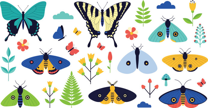 Colorful illustration of various butterflies and moths with plants and flowers on white background in a whimsical nature scene