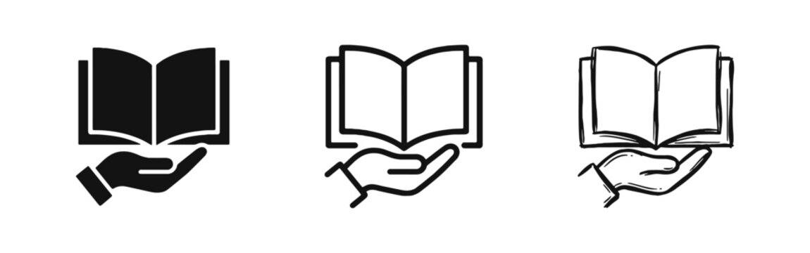 Hand Holding Open Book Icon Set - Education, Knowledge, and Reading Concept