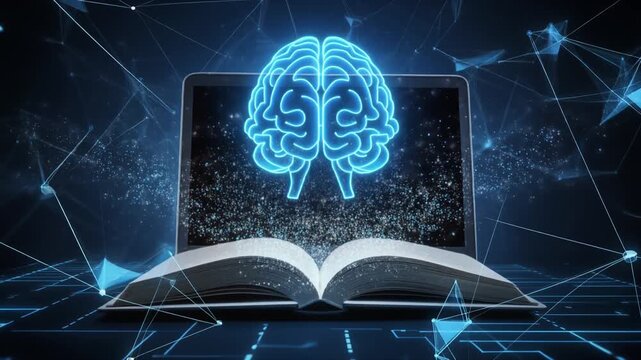 Open book with laptop displaying glowing digital brain and neural network, symbolizing AI, education, and fusion of knowledge with technology.