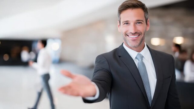 A Welcoming Gesture: A smiling businessman in a sharp suit extends his hand in a gesture of welcome, inviting engagement and collaboration in a modern office lobby.