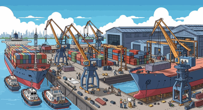 Busy Seaport Illustration with Container Ships, Cranes, and Workers