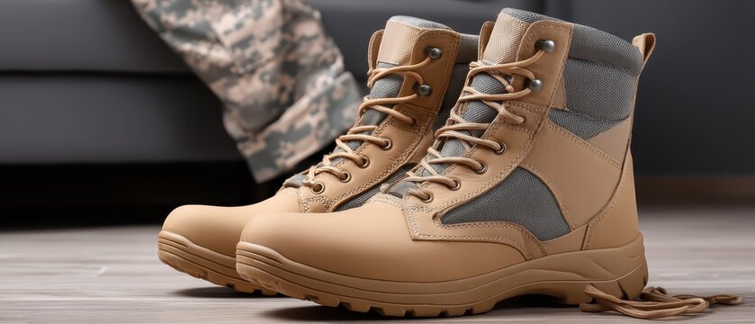 Military boots and uniform placed indoors, service concept, readiness and identity, lifestyle detail.