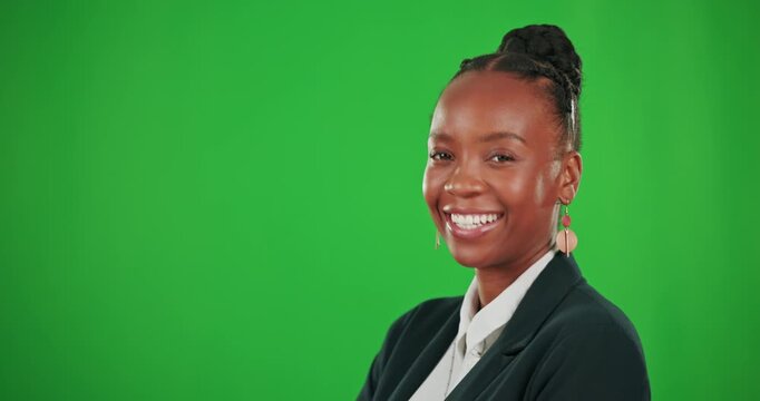 Face nodding, business and black woman on green screen in studio isolated on background mockup. Portrait, professional and smile of person or entrepreneur nod head for agreement, yes or satisfaction.