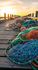Fototapeta premium Tangled fishing nets and ropes on a wooden pier at golden hour, offering copy space for design