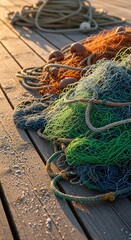 Fototapeta premium Tangled fishing nets in green and blue hues on a wooden pier at golden hour, showing rustic texture and natural light, ideal for maritime or travel themes.