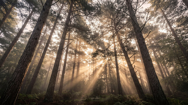 Forest sunbeams through misty pine canopy at golden morning