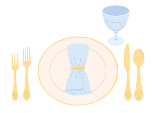 Elegant Table Setting with Plate. Cutlery and Glass, Dining Etiquette Concept. Formal Dinner Setup. Flat Vector Illustration.