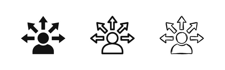 Naklejka premium Decision Making Person with Multiple Direction Arrows Icon Set for Career Path and Strategy Planning