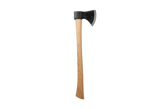 Wood handled axe with sharp metal head