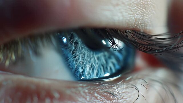Close view of a blue eye in a clean setting showing details of the iris and pupil structure under bright light conditions