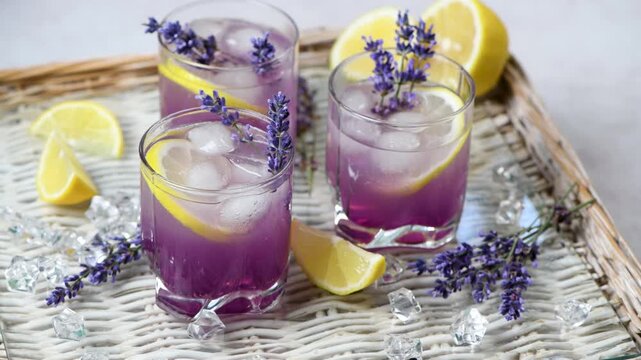 Summer refreshing mojito cocktail with lavender flavor. Horizontal video. Circular movement. Close-up