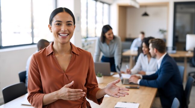 Confident businesswoman smiling in a modern open plan office. Welcoming female manager with diverse corporate team in background. Successful teamwork and leadership concept