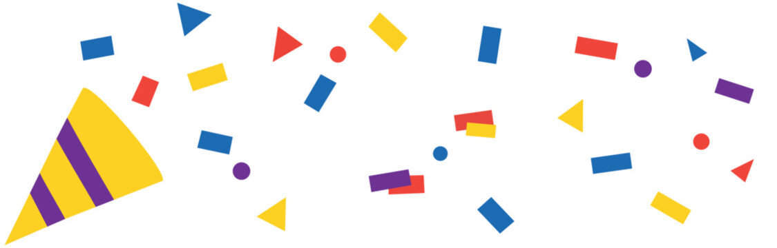 Party popper confetti emoji clipart cartoon celebration with colorful red blue yellow purple flat vector on transparent background