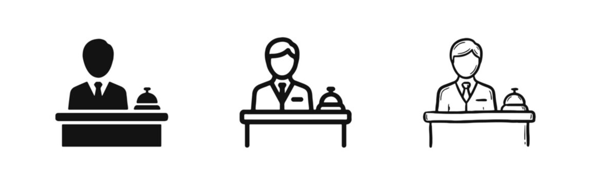 Hotel receptionist at desk with service bell icon set in solid, outline and hand drawn sketch styles