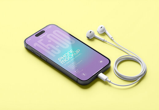 Phone Mockup With Earphones on Editable Background. Isolated Smartphone For Product Placement