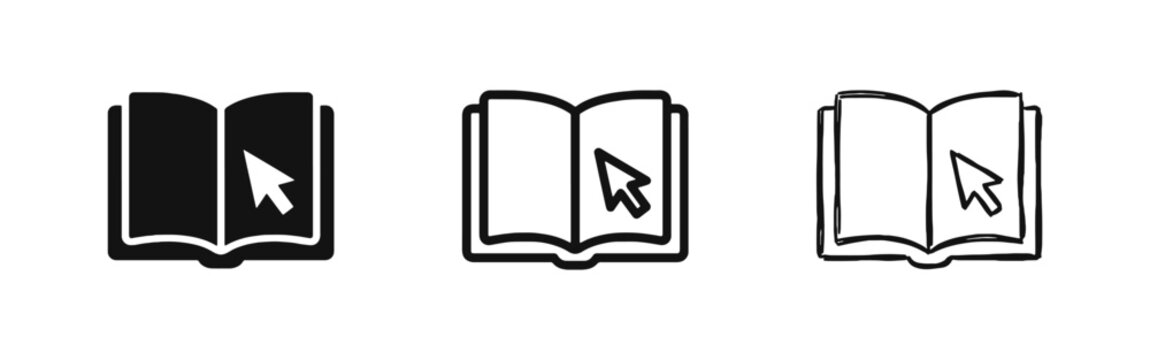 Open book with cursor for e-learning icon set in solid, outline and hand drawn sketch styles