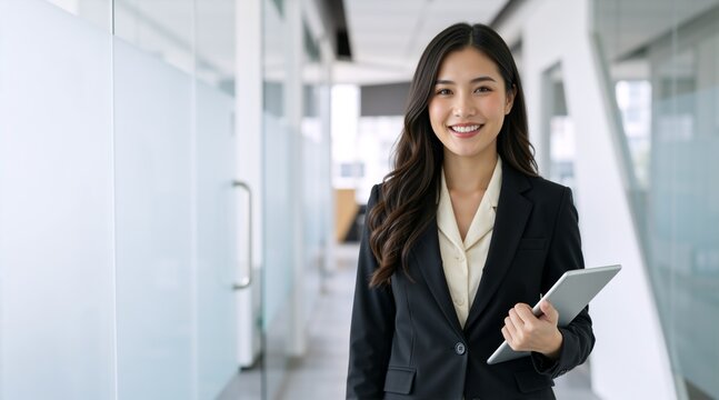 Smiling Asian businesswoman holding a tablet in a modern office. Professional woman in black blazer standing in corporate hallway. Business success and leadership concept