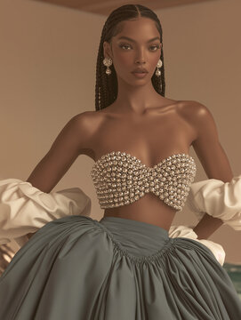 Fashion Model in Pearl Corset Top, Luxury Editorial Portrait