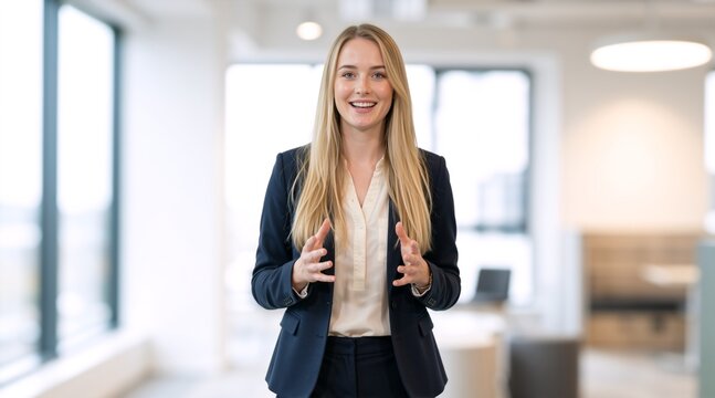 Blonde businesswoman speaking and gesturing in a bright office. Professional woman giving a presentation or coaching. Leadership and communication concept