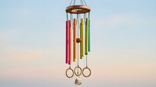 Colorful wind chime with rainbow tubes and shell