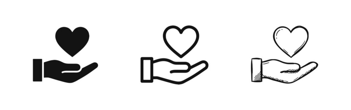 Hand holding heart icon set for love, care, and charitable donation