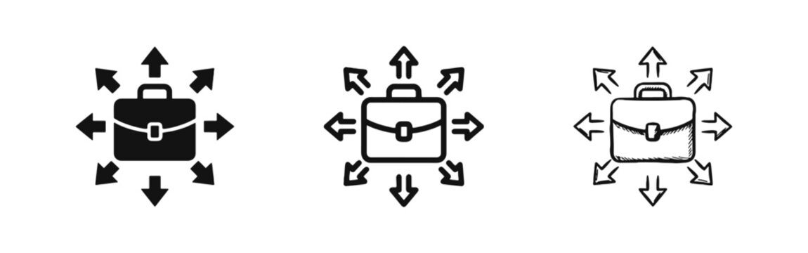 Business expansion briefcase icon set with arrows pointing in different directions