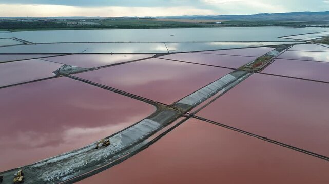Aerial View of Pink Salt lake or evaporation ponds near Burgas Bulgaria