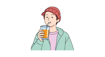 Obraz premium A man in a red hat and green jacket drinks from a glass.