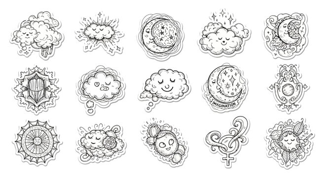 A collection of whimsical celestial doodle illustrations.