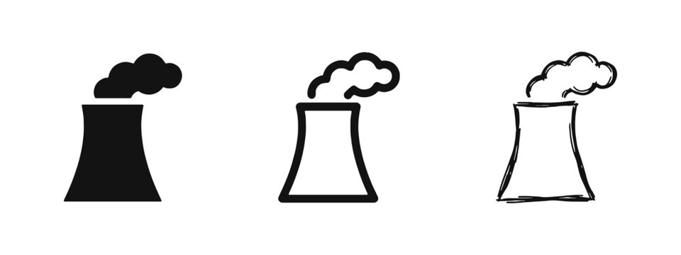 Nuclear Power Plant Cooling Tower Icon Set representing Industry and Energy Production
